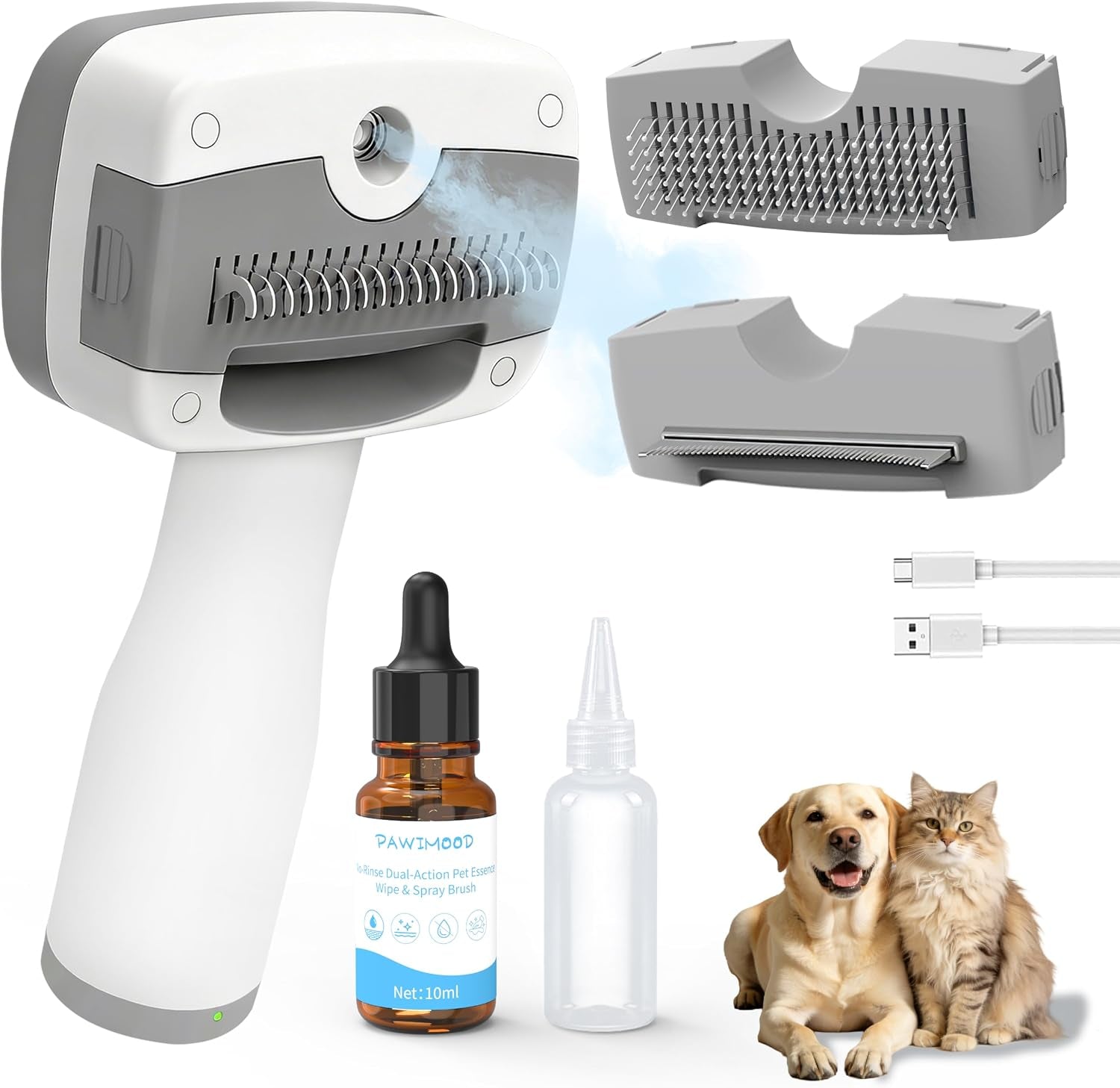 Pet Steam Brush for Dogs,Self-Cleaning,3 Swap-In Heads,Spray Hair Remover