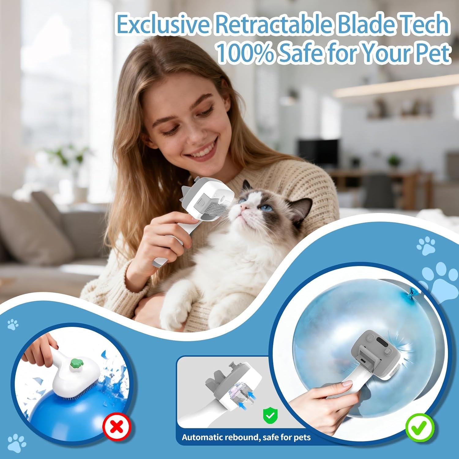 Pet Steam Brush for Dogs,Self-Cleaning,3 Swap-In Heads,Spray Hair Remover