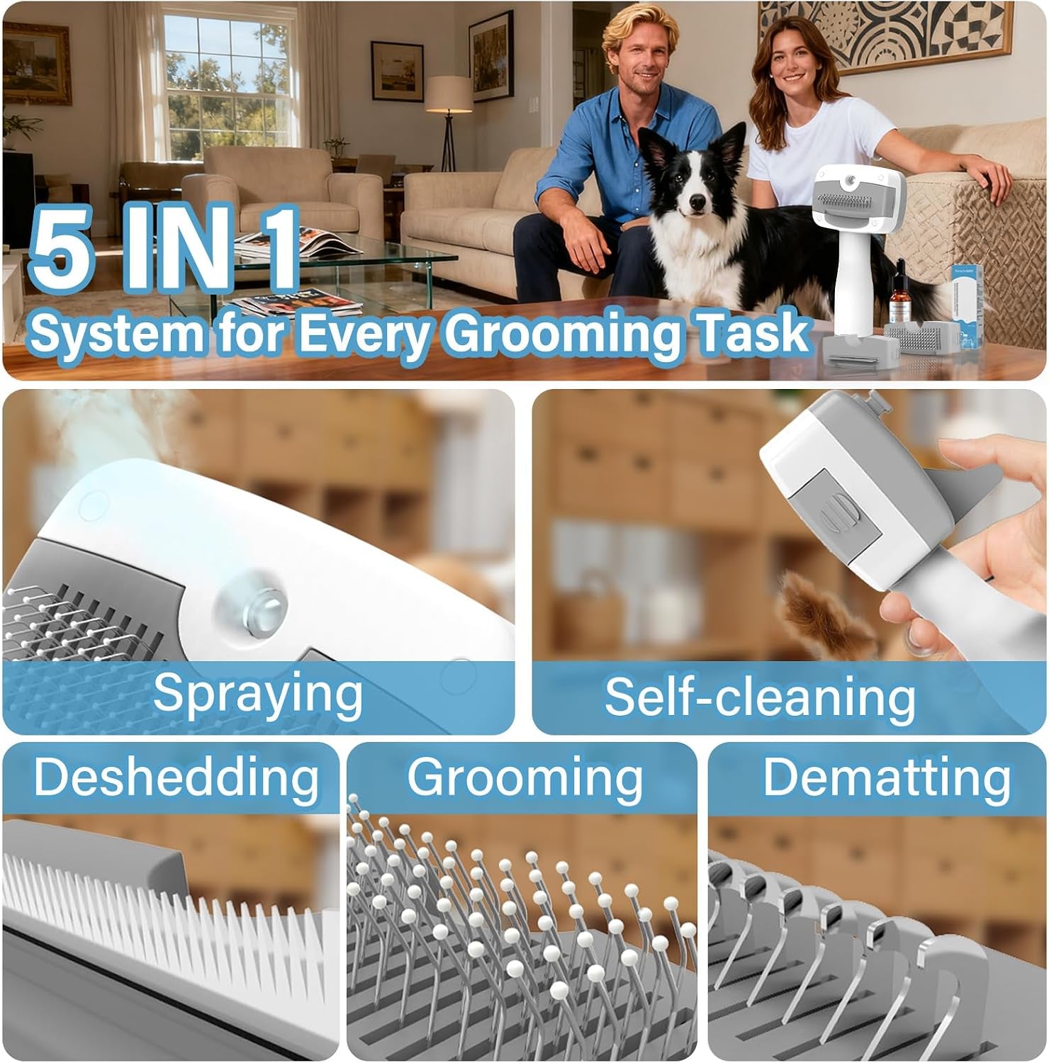Pet Steam Brush for Dogs,Self-Cleaning,3 Swap-In Heads,Spray Hair Remover